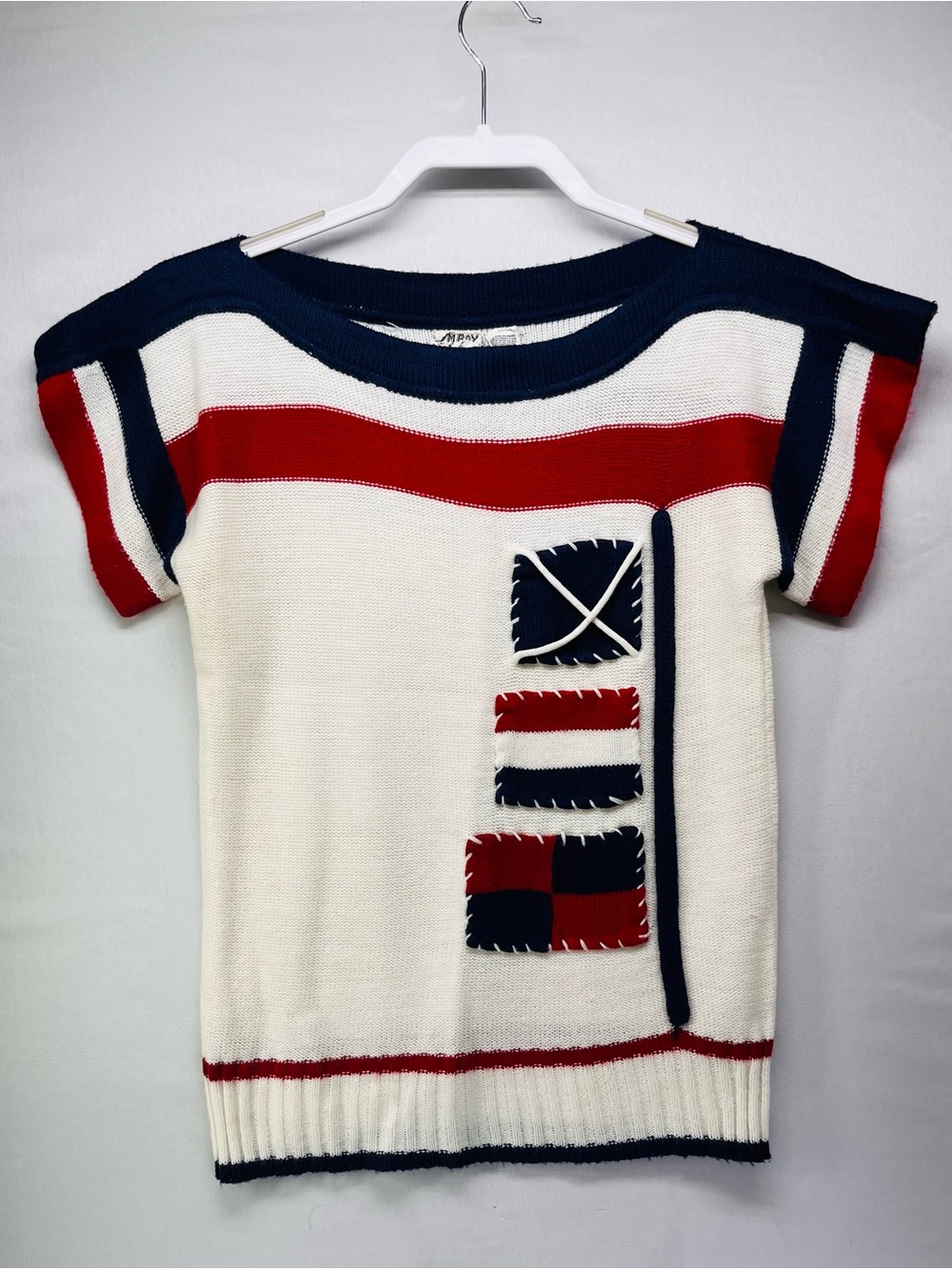 Vintage Tomboy Red White Navy Striped Short-Sleeve Knit Sweater